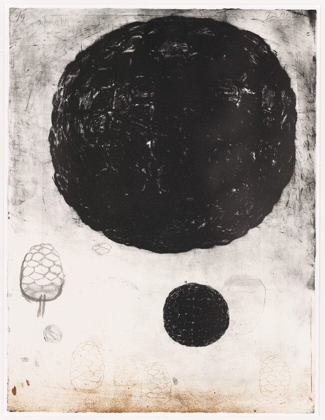 Large dark circular form dominates the top with a smaller dark circle and faint pinecone sketches below.