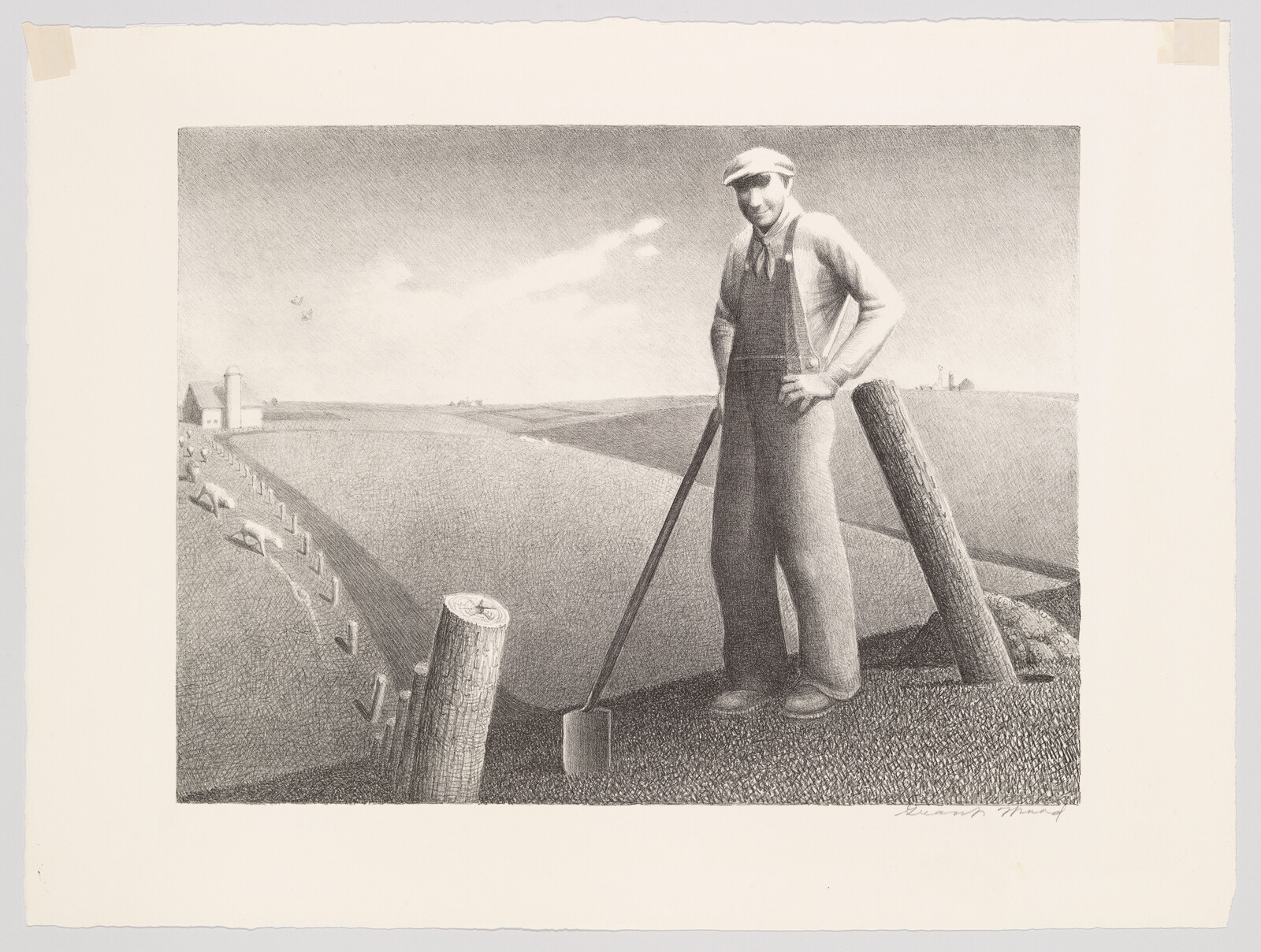 A farmer stands on a hill holding a shovel, overlooking fenced fields and a distant barn.