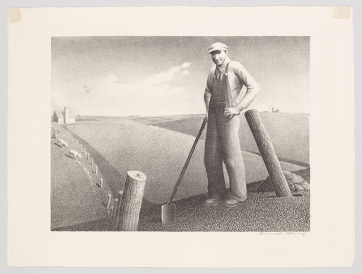 A farmer stands on a hill holding a shovel, overlooking fenced fields and a distant barn.
