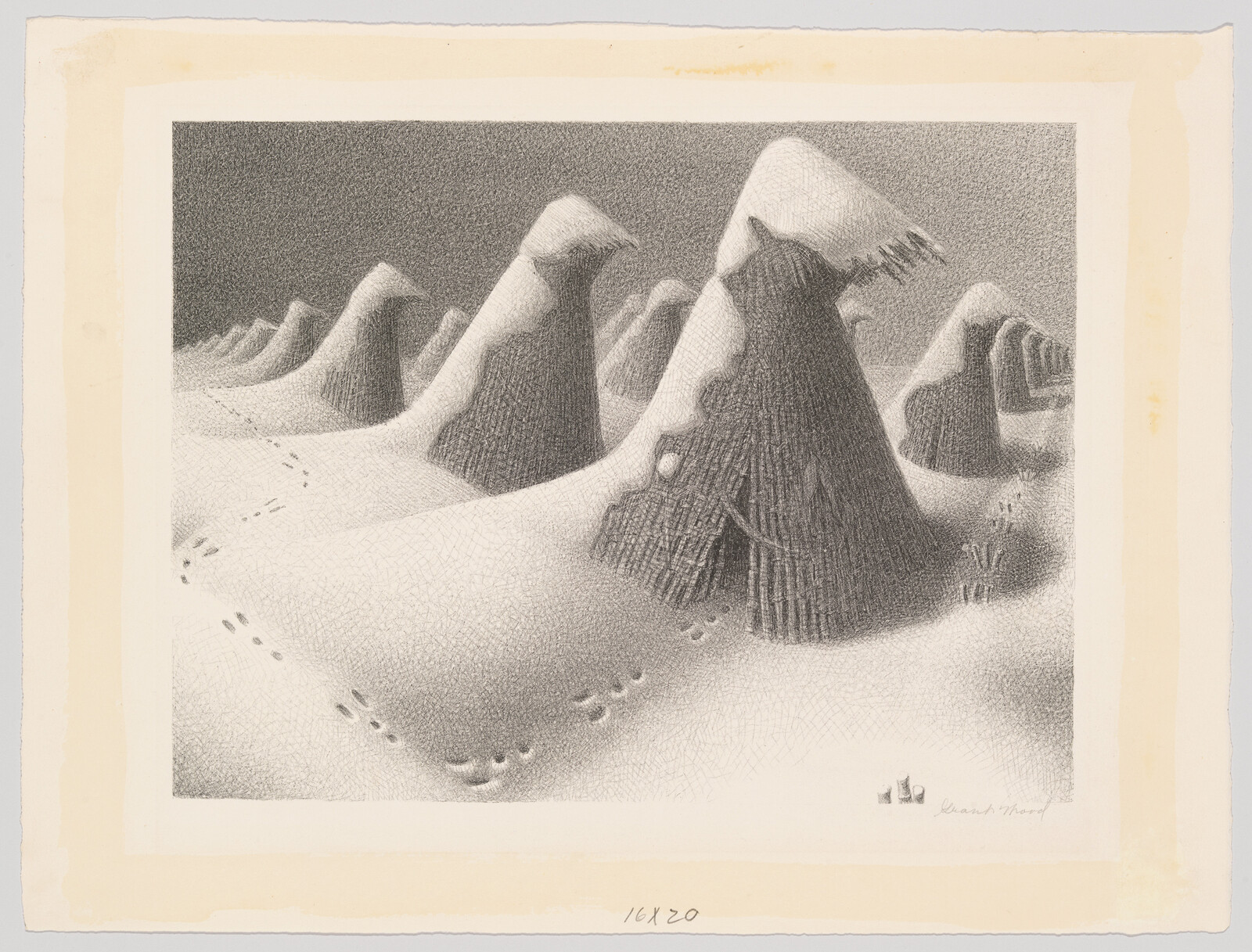Snow-covered conical huts stand in a row with animal footprints crossing the drifts.