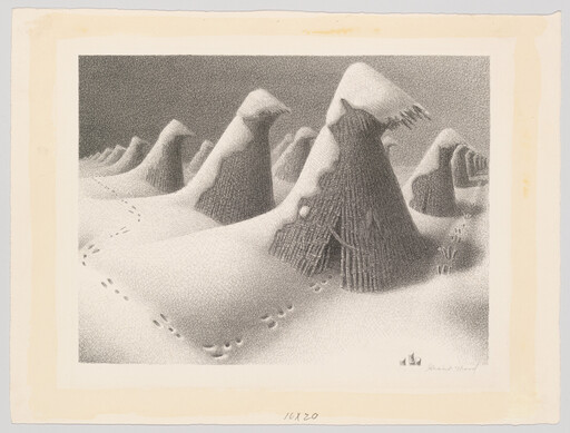 Snow-covered conical huts stand in a row with animal footprints crossing the drifts.
