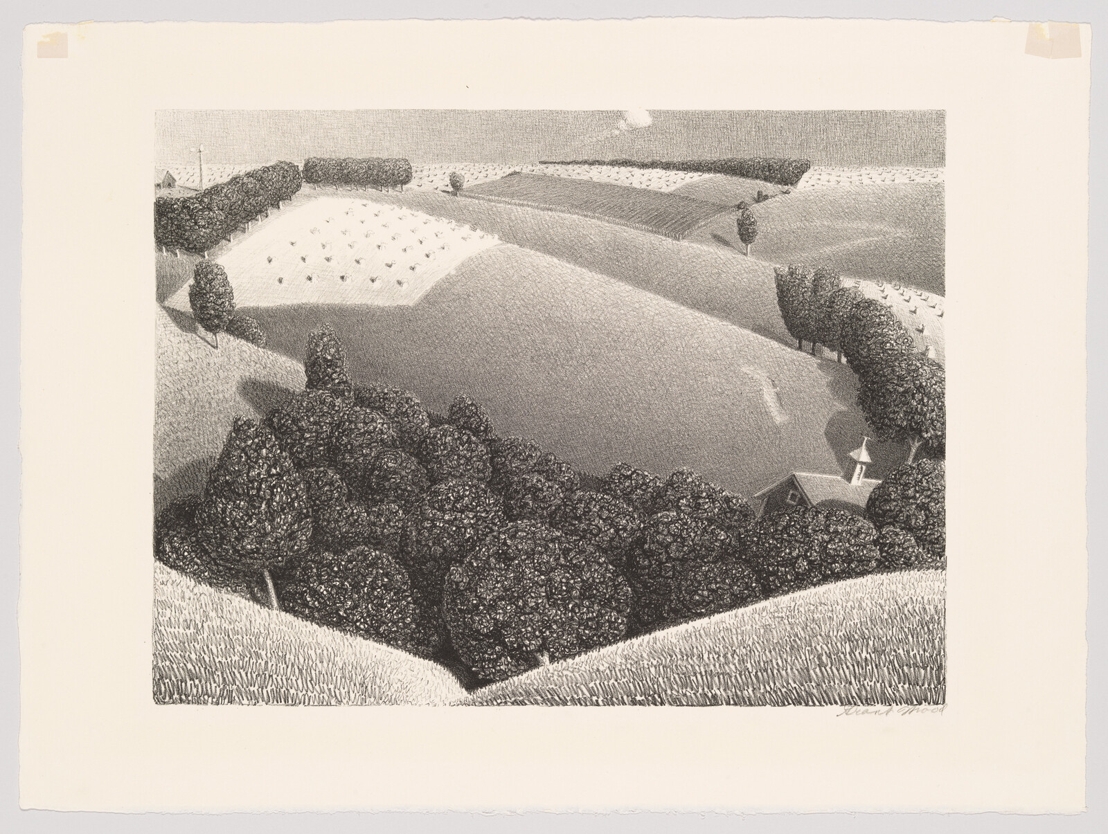 Rolling farmland hills stretch across the scene with dense tree clusters and a small church.