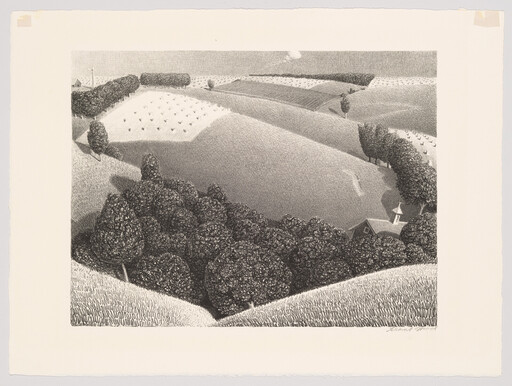 Rolling farmland hills stretch across the scene with dense tree clusters and a small church.