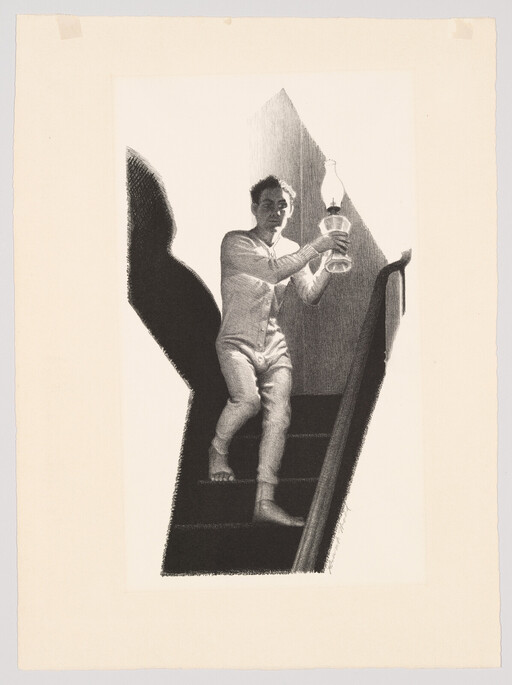 A man in pajamas carries a lit oil lamp down a dark stairwell.