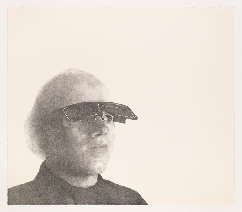 A monochromatic artwork depicting a bald person wearing futuristic sunglasses with a visor-like appearance. The individual is shown in profile against a blank background, with a focus on the contours of the face and the reflective surface of the glasses. The image has a dated signature in the top left corner and a name in the top right corner.