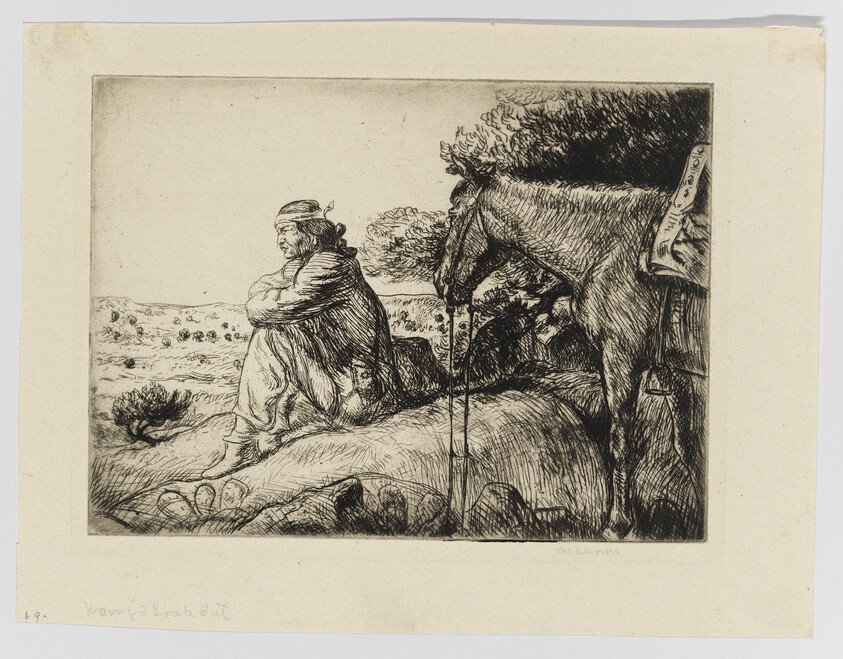 A tired traveler sits on a hill beside his saddled horse overlooking a barren landscape.