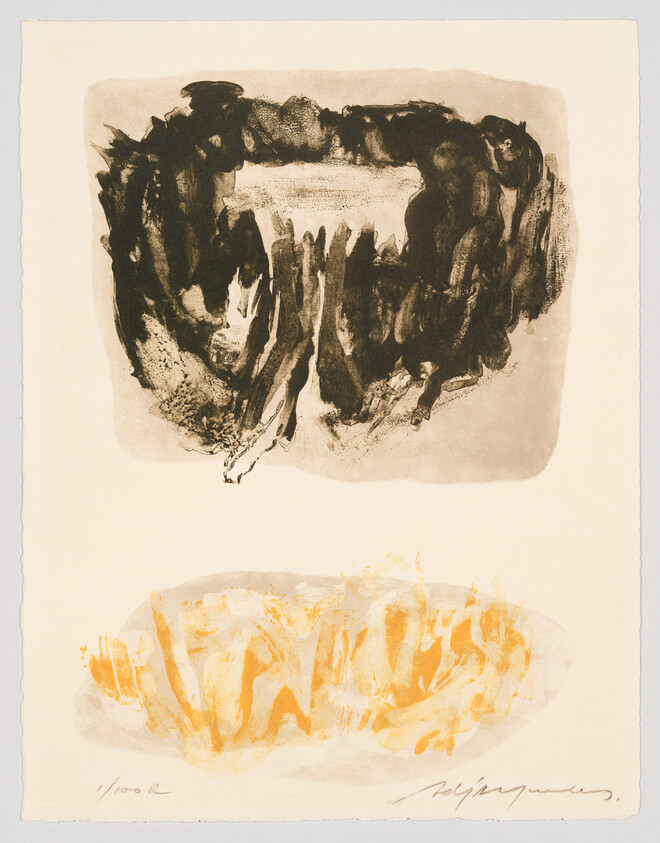 Abstract dark ink form above a yellow-orange wash on pale paper.