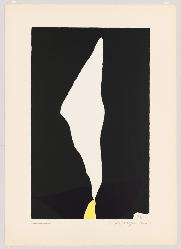 Tall irregular white shape rises within a black rectangle with a small yellow triangle at the base.