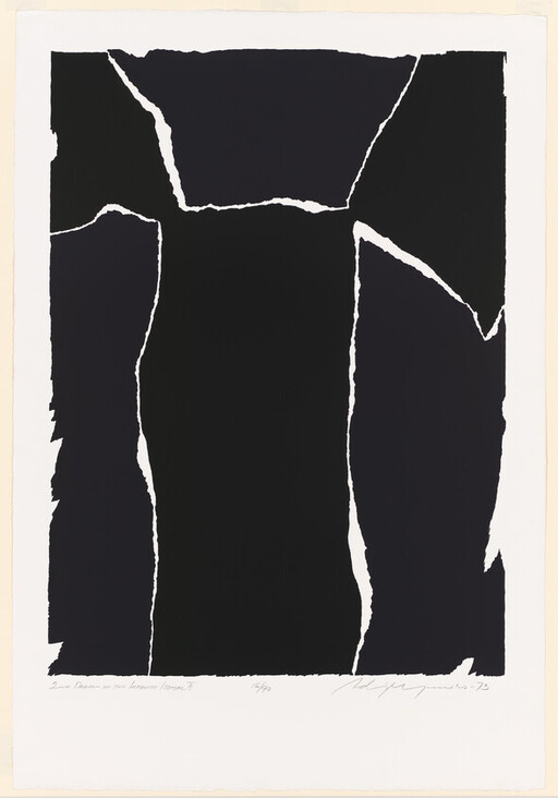 Large black abstract shapes with white torn edges forming a vertical column on a white background.
