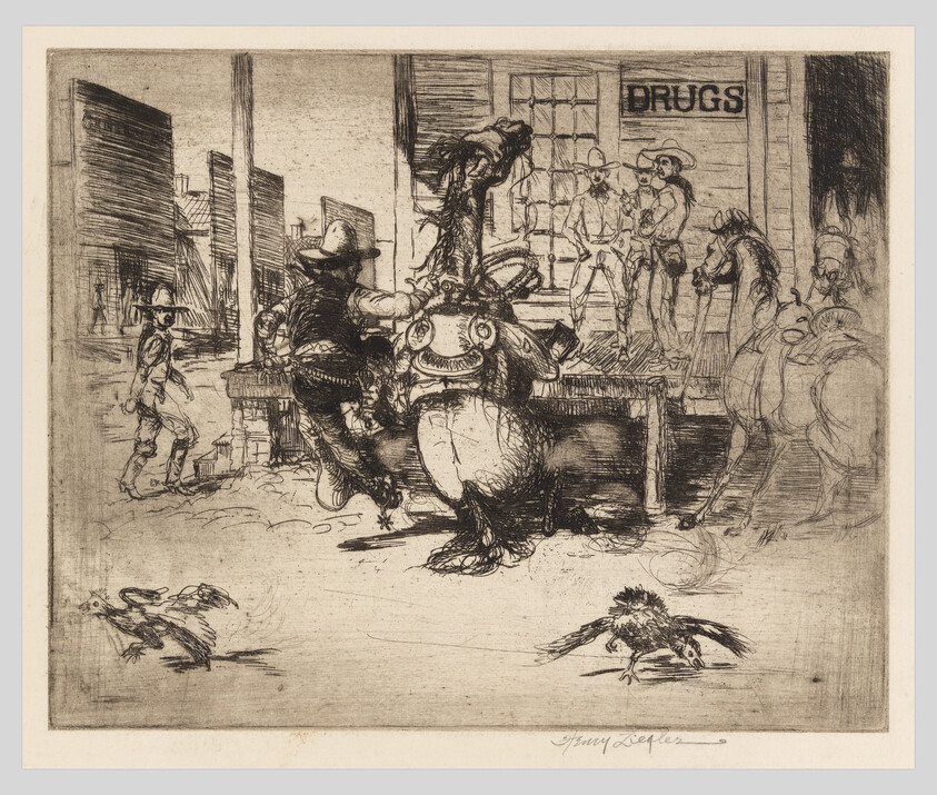 Cowboy struggles to mount a bucking horse in a dusty frontier street outside a drugstore.