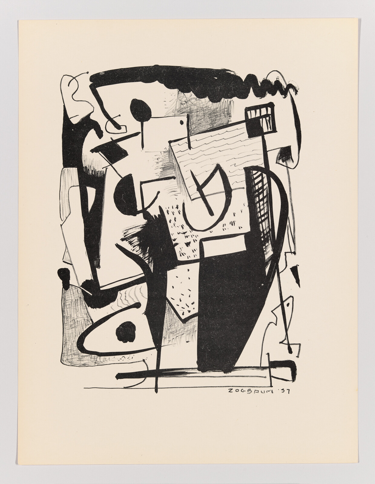 Abstract black and white ink drawing on beige paper featuring a composition of various shapes, lines, and patterns, signed "Zogbaum '57" in the bottom right corner.