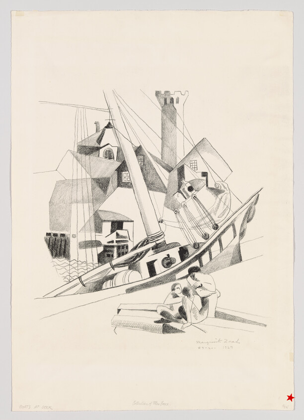 Two people sit on a dock beside a moored sailboat in front of coastal buildings.