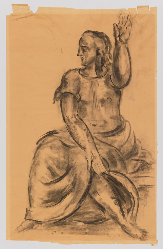 Seated woman in flowing dress raises one hand while holding a wide-brimmed hat in her lap.