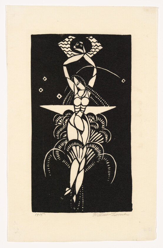 Stylized female figure made of geometric shapes rising above decorative fountain-like forms in black and white.