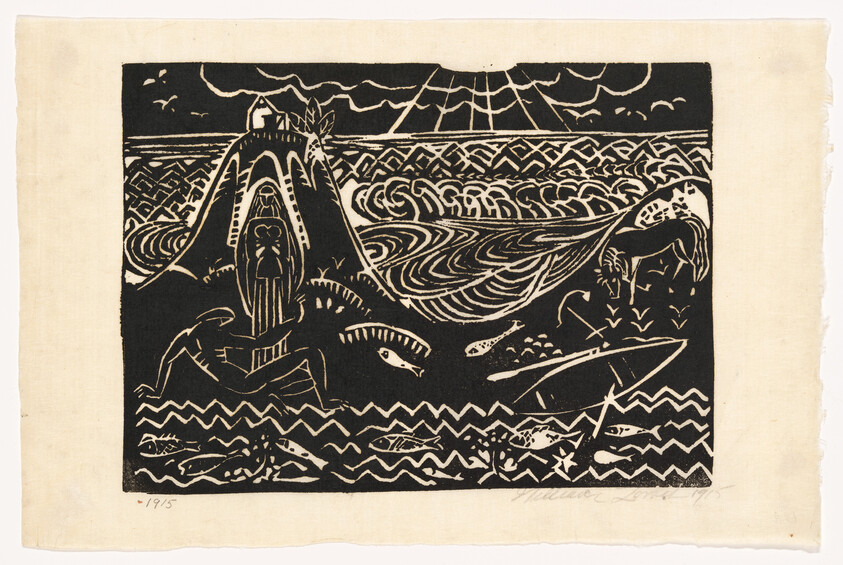 A stylized black-and-white seascape showing waves, fish, a capsized boat, and figures near a small island.