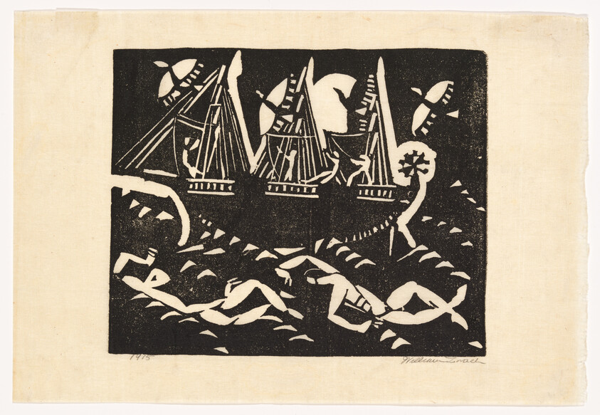 Three sailboats with swimmers in choppy water under birds and a moon.