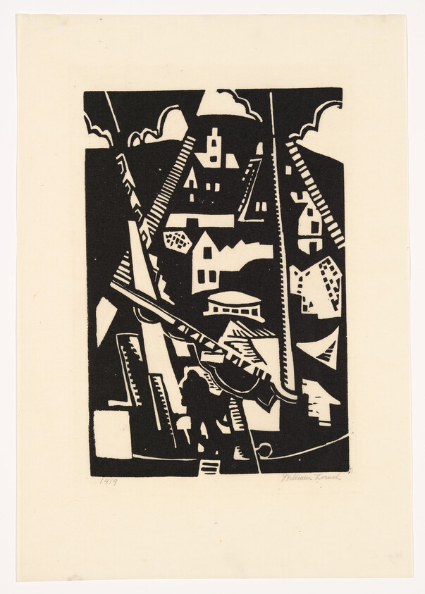 A black-and-white woodcut-style scene showing a small village with steep roofs and a person.