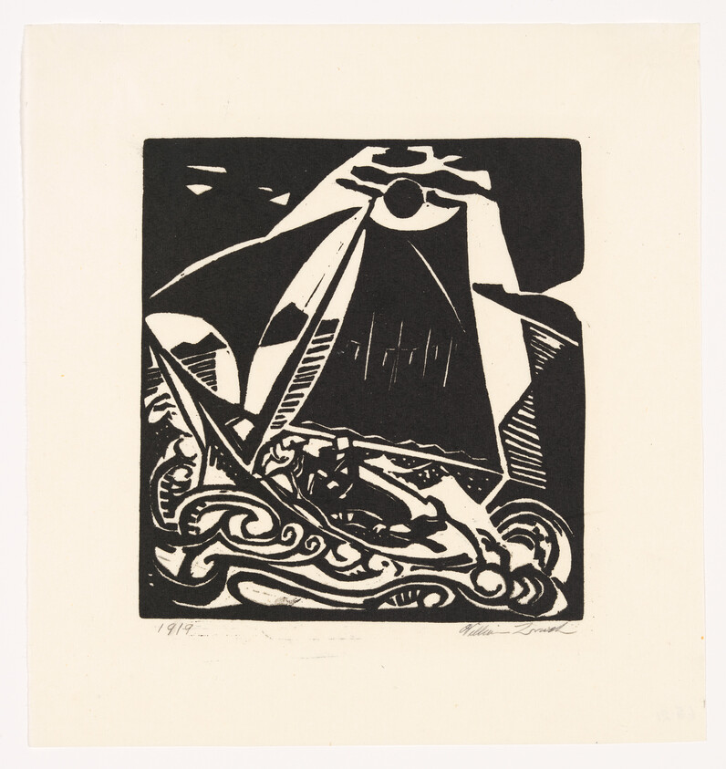 A bold black-and-white woodcut shows a small sailboat pitching through swirling waves toward a dark sun.
