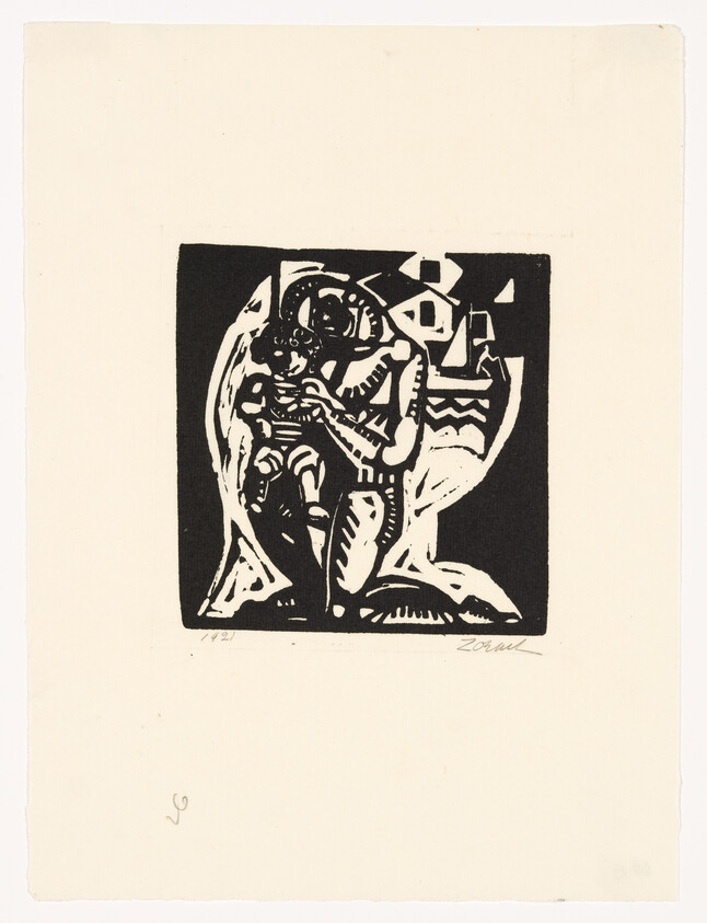 A stylized black-and-white woodcut shows a seated figure cradling a small child amid geometric shapes.