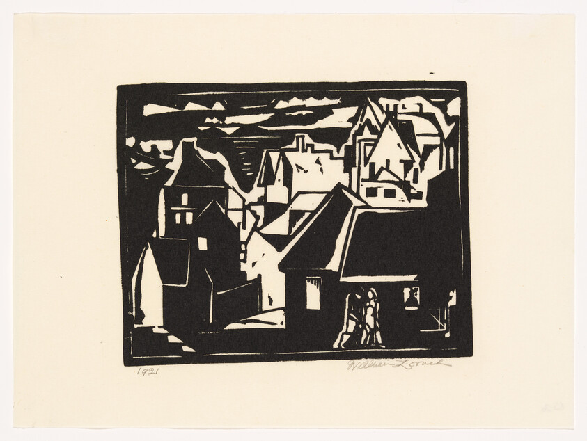 A black-and-white woodcut shows clustered village rooftops with two people walking in the foreground.