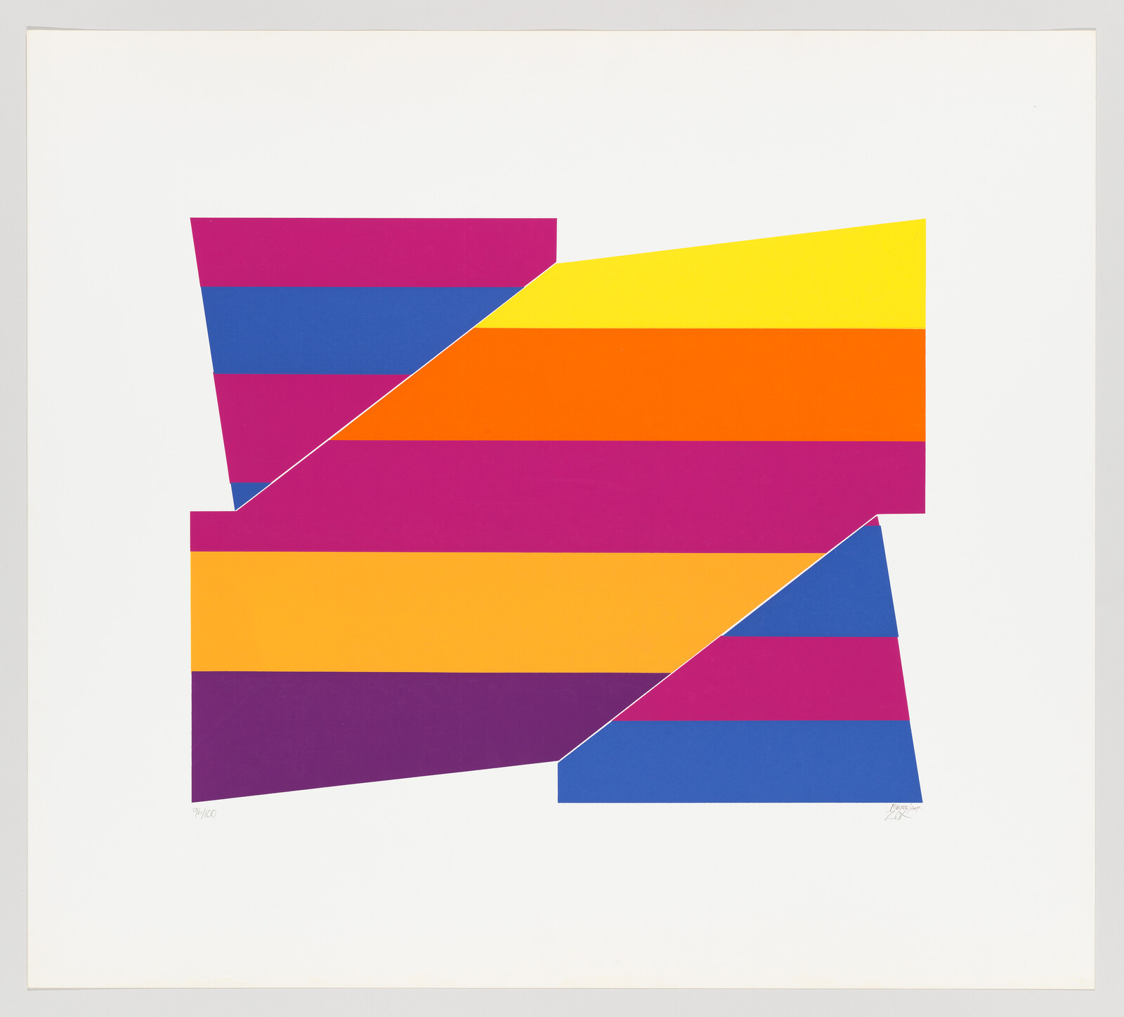 Two overlapping geometric shapes with bold horizontal stripes in magenta, blue, orange, yellow, and purple.