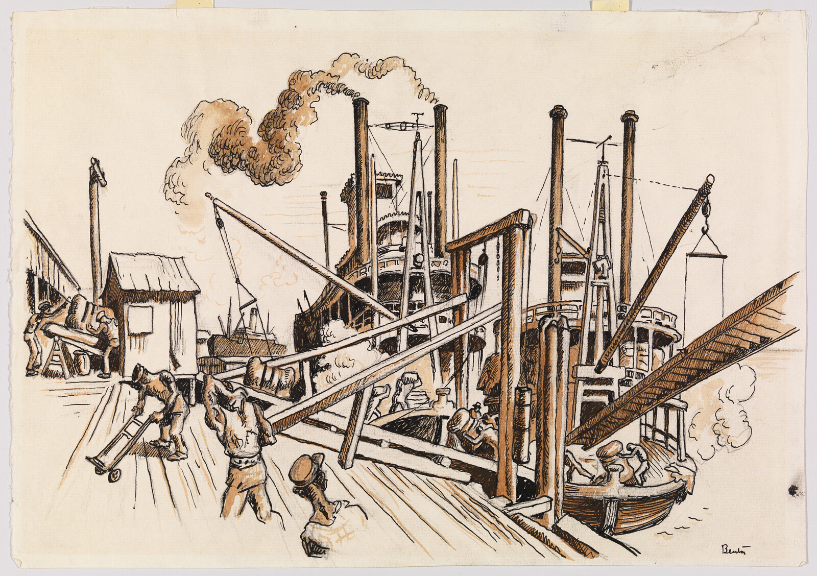 Dock workers load cargo onto a steamship using cranes and planks while smoke rises.