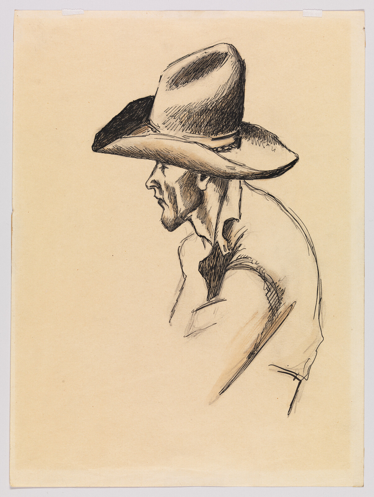 A pen sketch of a man in profile wearing a wide-brimmed cowboy hat and shirt.