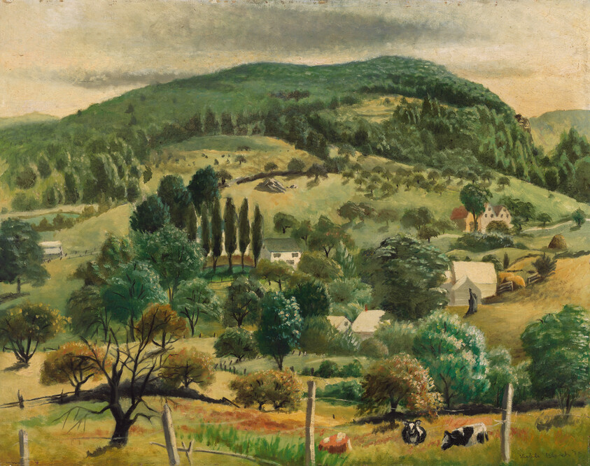 Rolling green hillside with scattered farmhouses, trees, fences, and grazing cows in the foreground.