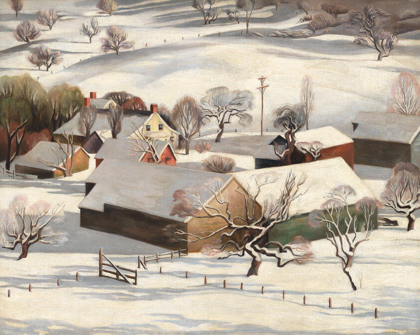 Snow-covered farmhouses and leafless trees spread across rolling hills in a quiet winter landscape.