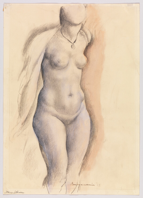 Standing nude female figure wearing a necklace with a cloth draped over her shoulder.