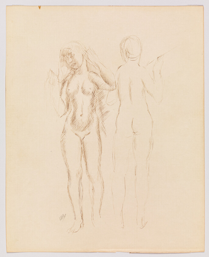 Two nude female figures sketched side by side, one facing forward and one seen from behind.