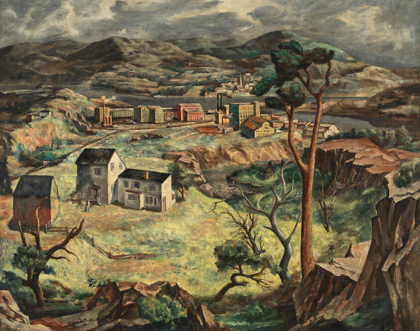 A rural hillside with a few houses overlooking a river and an industrial town across from rolling hills.