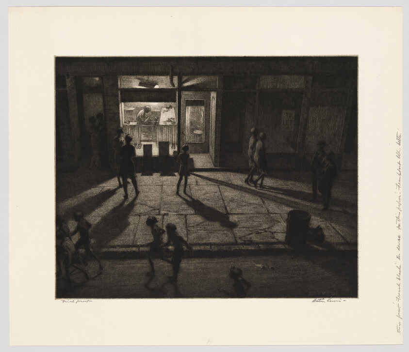 A lit storefront with pedestrians and children casting long shadows on the sidewalk at night.