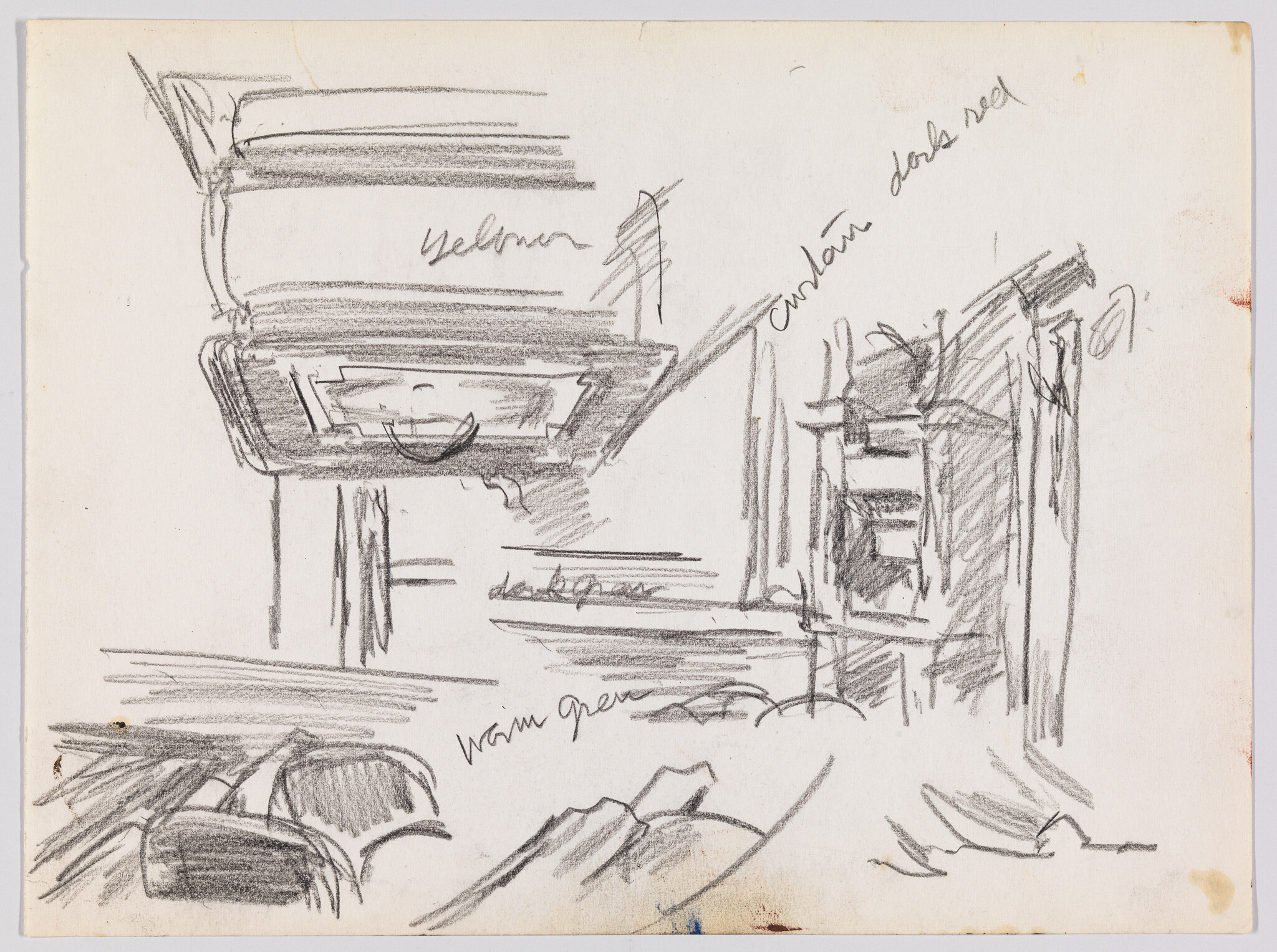 A rough pencil sketch on paper depicting an urban scene with annotations indicating color notes such as "yellow," "warm green," and "umbra dark red." The drawing includes elements of a car, buildings, and foliage, with the perspective suggesting a street-level view. The sketch is suggestive rather than detailed, capturing the artist's initial impressions of the scene.