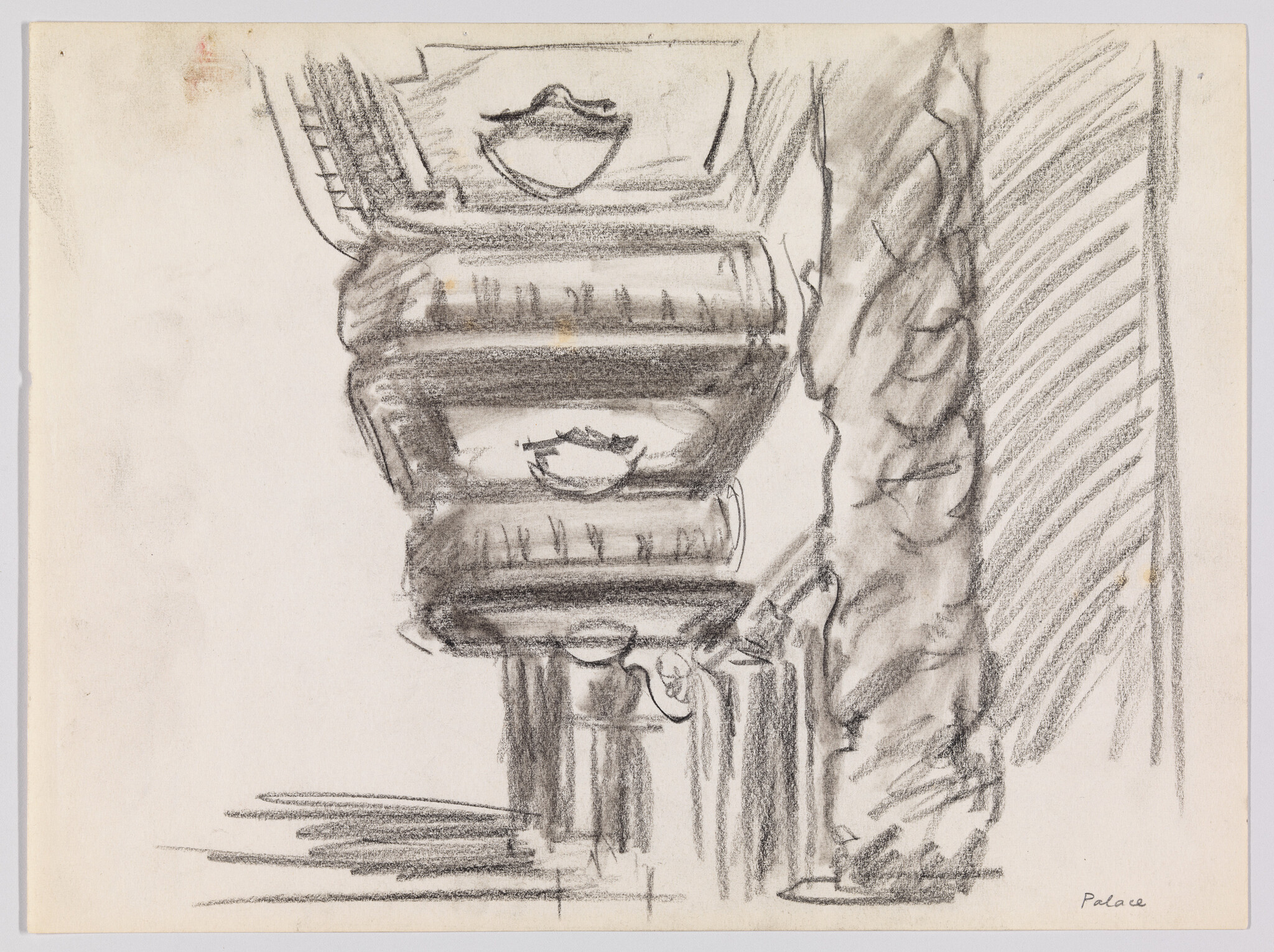 Sketch of a classical column with ornate detailing and a draped fabric on the right side, possibly a study for an architectural element or interior design, signed "Picasso" in the lower right corner.