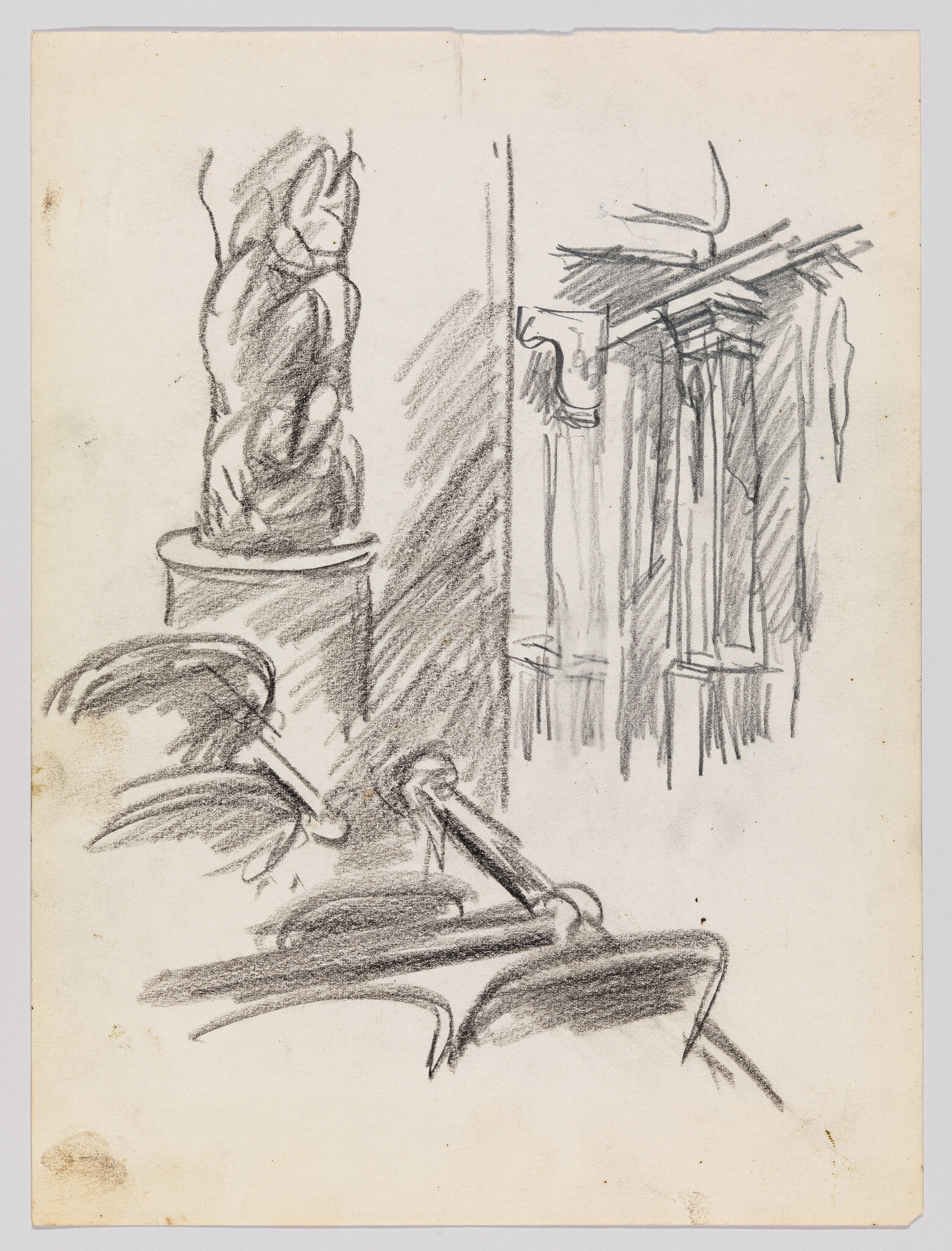 A sketch on paper featuring various subjects: on the left, a rough outline of a statue on a pedestal; in the center, a depiction of a clothes rack with hanging garments; and at the bottom, a detailed drawing of a bird in flight with its wings spread. The artwork is rendered in pencil with shading and textural details.