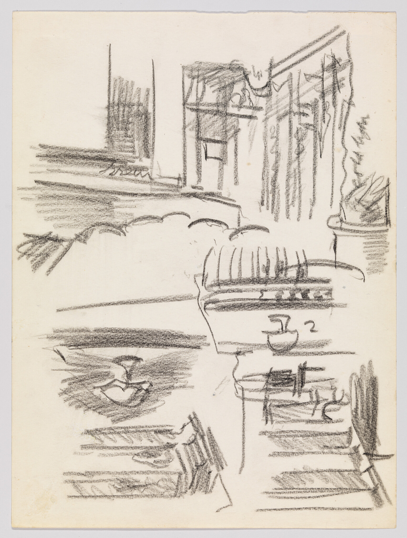 Sketch on paper depicting a series of rough architectural elements and furnishings, possibly representing different perspectives or details of a room or interior space. The drawing is executed in a loose, gestural style with pencil, emphasizing form and spatial relationships over fine detail.