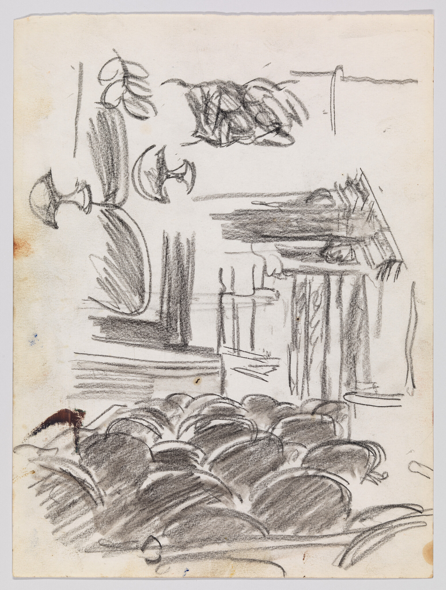 A rough pencil sketch on aged paper depicting various loosely drawn objects and scenes, possibly studies for a larger work. The drawing includes indistinct shapes that suggest foliage, architectural elements, and possibly furniture, with some areas more heavily shaded than others. The sketch is characterized by dynamic, expressive lines and appears to be an artist's preliminary work or practice.