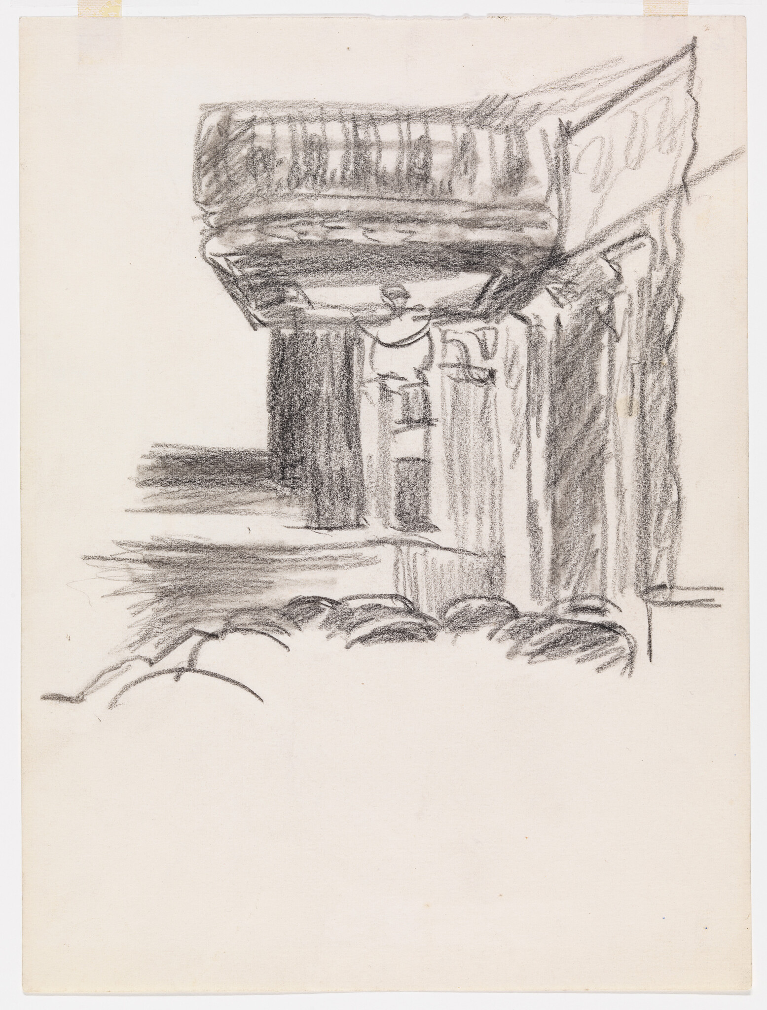 Pencil sketch on paper depicting a classical architectural detail, possibly a column or part of a building facade, with heavy shading and emphasis on the texture and depth of the structure.