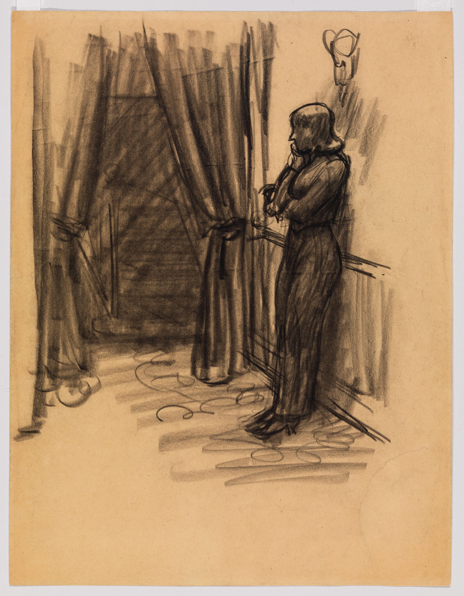 A sketch on tan paper depicting a person standing by a window, partially obscured by curtains, with their head turned towards the window. The figure appears to be in deep thought or contemplation. A wall sconce with a simple design is visible on the wall above and to the right of the figure. The drawing is rendered with expressive lines and shading, creating a sense of soft light and shadow throughout the composition.