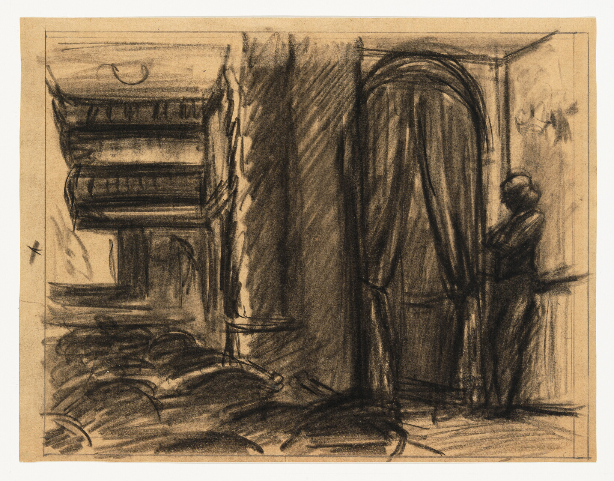 A charcoal sketch on tan paper depicting an interior scene with a figure standing by a draped window or doorway. The room features a balcony with ornate railings, and the floor is strewn with what appears to be pillows or cushions. The drawing is expressive with dynamic lines and shading, conveying a sense of depth and texture.