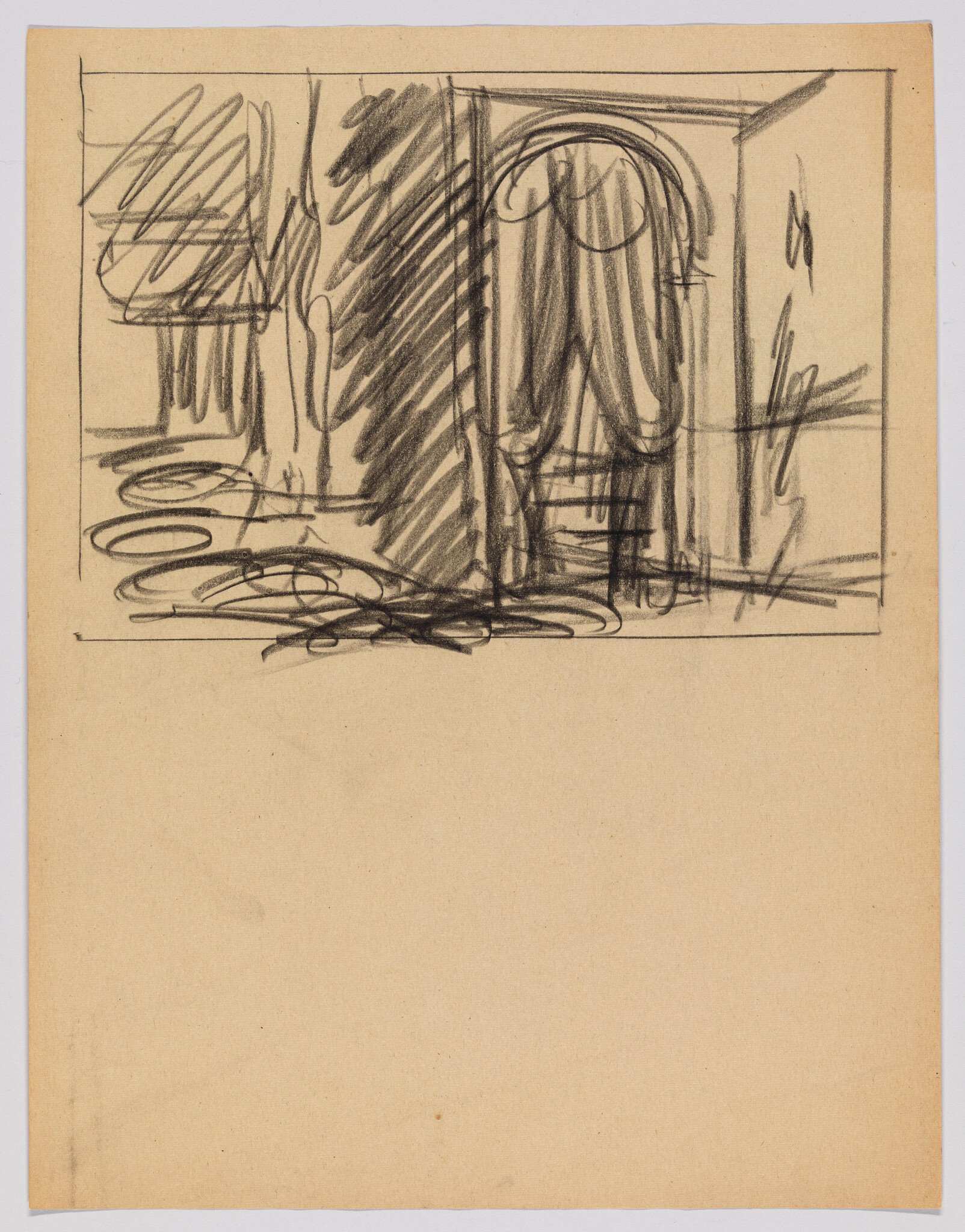 A rough pencil sketch on tan paper depicting an interior scene with curtains, furniture, and possibly a window or framed artwork on the right side. The drawing is characterized by energetic, gestural lines and is not detailed, giving an impressionistic sense of the room's layout.