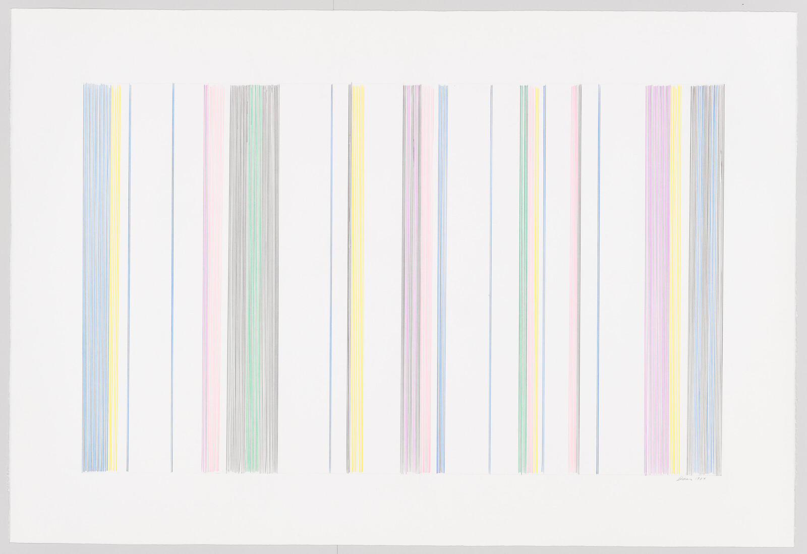 White print with evenly spaced vertical bands of thin pastel and bright colored lines across.