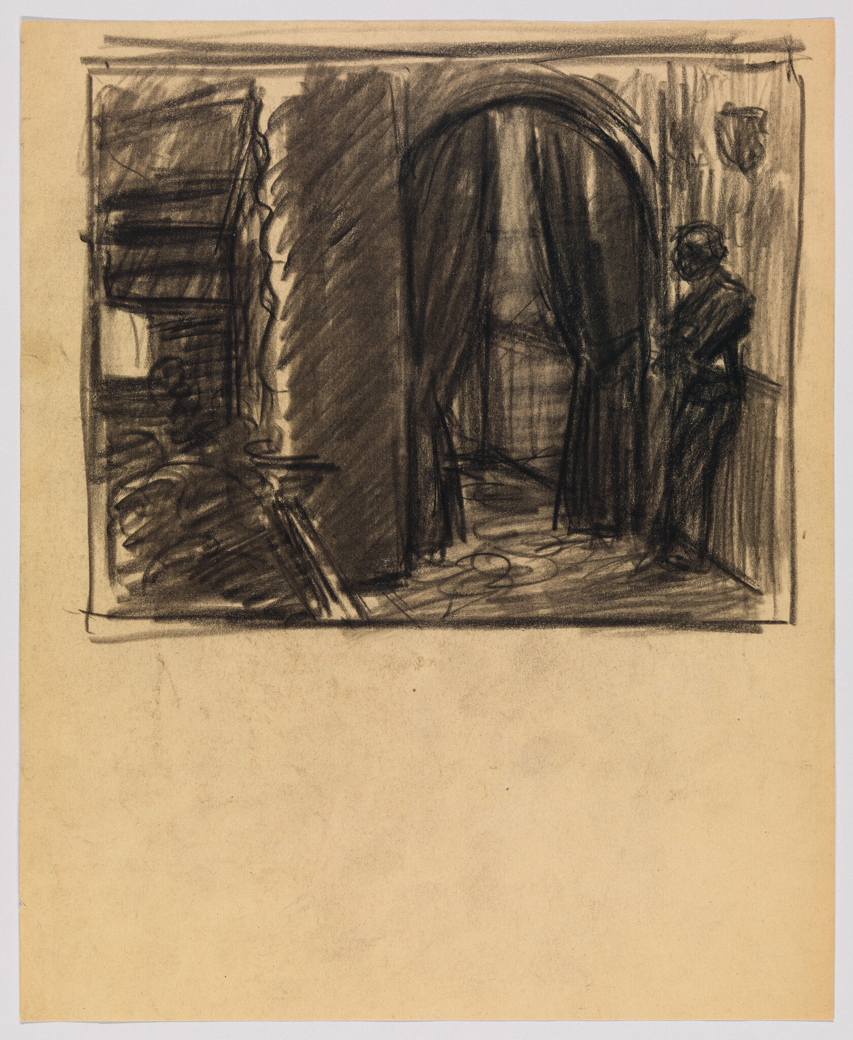 A sketch on tan paper depicting an interior scene with heavy drapery over an arched entrance, a figure standing to the right, and various indistinct objects suggesting a furnished room. The drawing is executed in a loose, expressive style with dark shading and visible strokes.