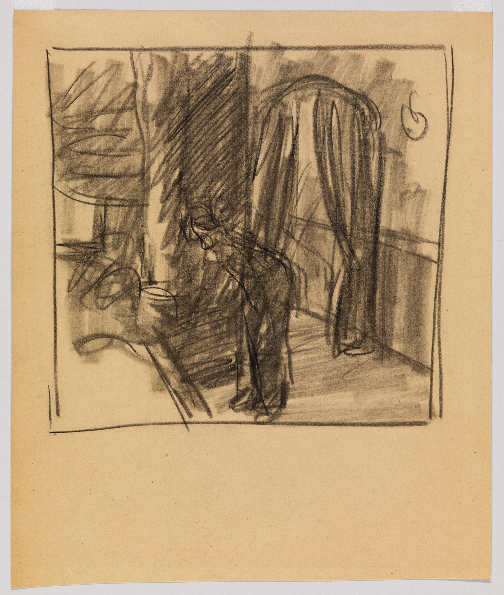 Sketch on tan paper depicting an abstracted figure in a room with curtains, featuring expressive lines and shading, possibly representing a moment of contemplation or a scene from daily life.