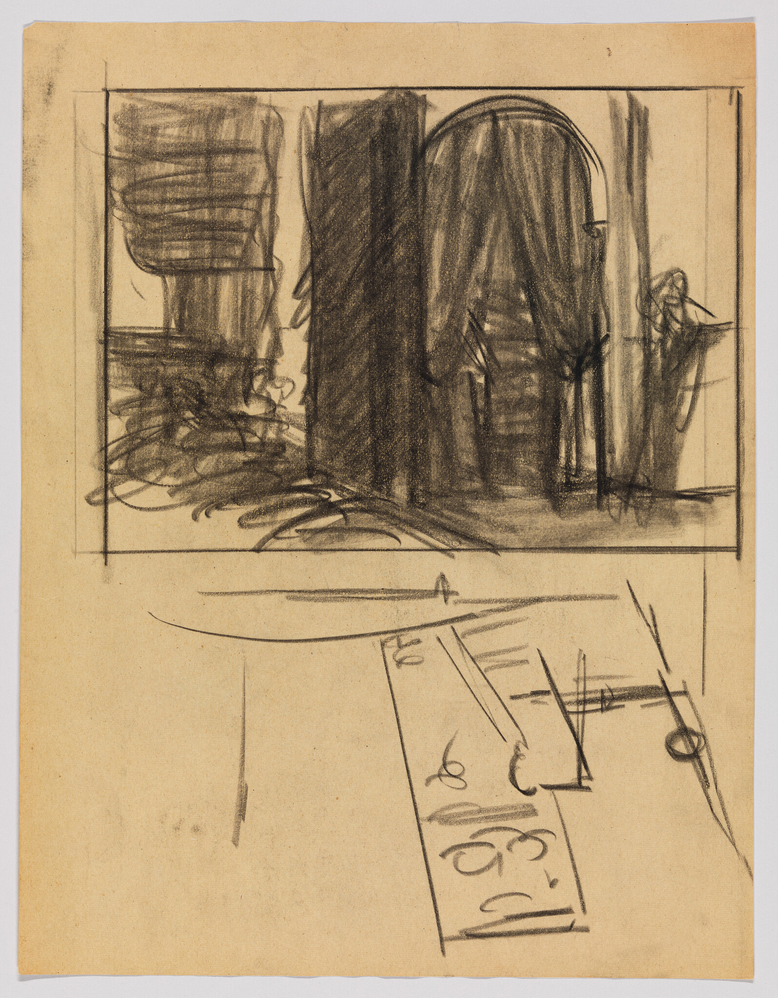 Sketch on aged paper featuring abstract shapes and lines with two prominent rectangles at the top, possibly representing architectural elements, and a series of geometric shapes and scribbles at the bottom, suggesting a floor plan or map. The drawing is executed in a loose, gestural style with charcoal or pencil.