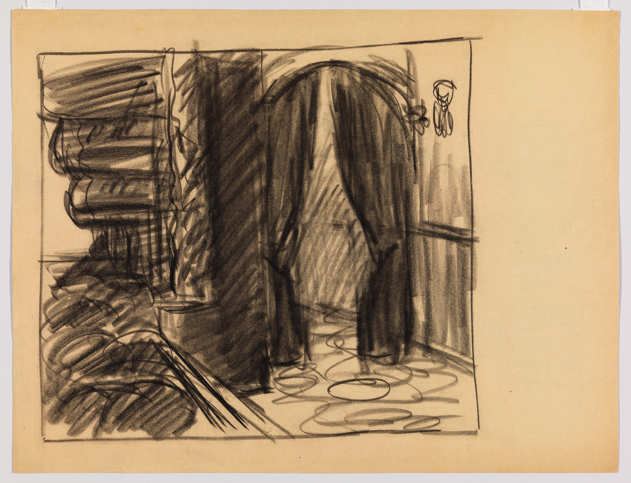 Sketch on tan paper depicting a dark, curtained doorway with heavy drapery on the left and a glimpse of a window with light curtains on the right. The floor is marked with loose, circular lines, suggesting a pattern or texture. The drawing is rendered with bold, expressive charcoal strokes, conveying a sense of depth and shadow.