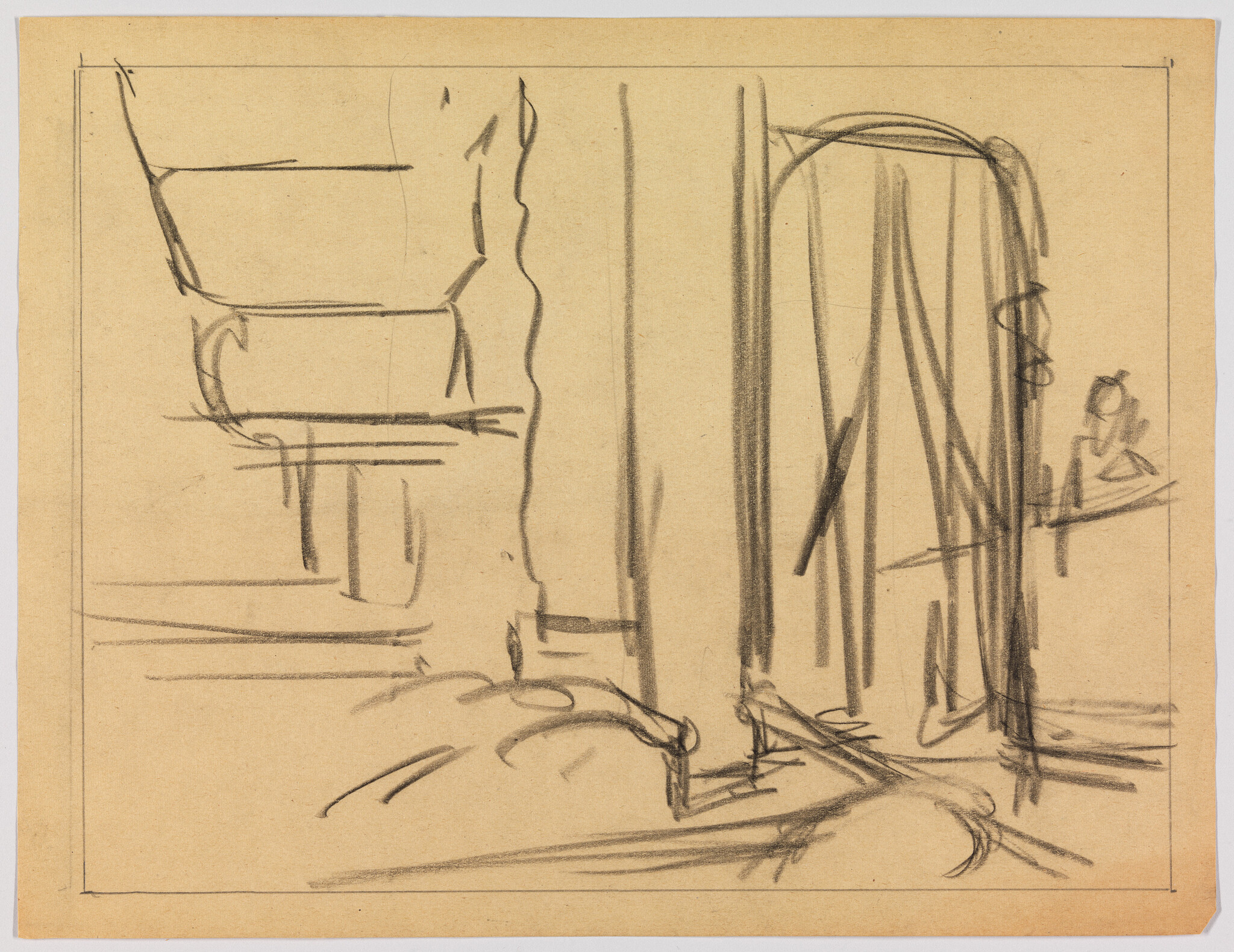 A sketch on tan paper featuring loose, gestural lines that suggest an interior scene with furniture and possibly a figure. The drawing is dominated by vertical and horizontal strokes, with a chair-like form on the left and elongated shapes that might represent doorways or windows on the right. There's a small, more detailed sketch of a seated figure in the lower right corner. The artwork has an unfinished, spontaneous quality.