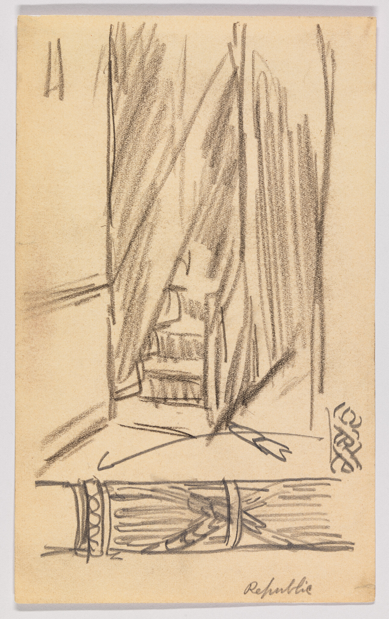 Sketch on tan paper featuring loose, expressive lines in pencil, depicting an abstracted architectural form or interior space with vertical elements that may suggest columns or drapery, and a signature at the bottom right.