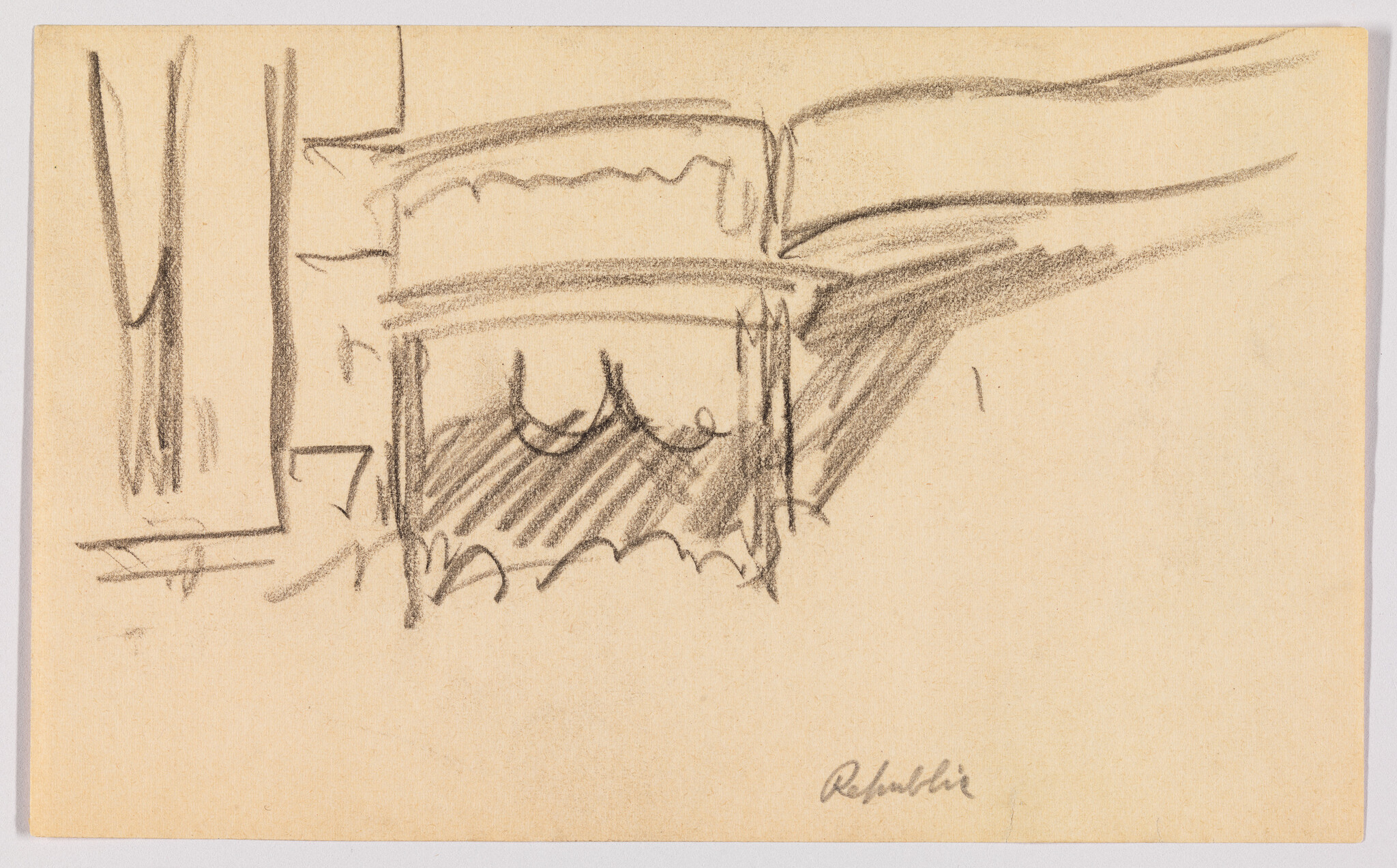 A pencil sketch on tan paper depicting a rough outline of a bed with a ruffled blanket and a pillow, with a portion of a window frame visible on the left. The artist's signature is in the lower right corner. The drawing is suggestive rather than detailed, with light and shadow created by loose, expressive lines.